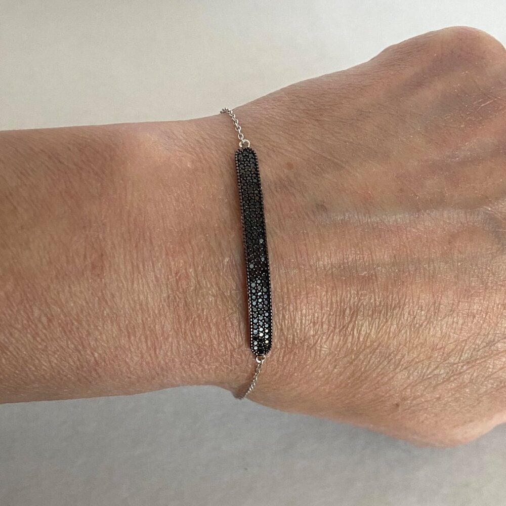 Sterling Silver 925 TGI Dainty Black Spinel Pavรฉ Bar Chain Link Bracelet 7"-8"